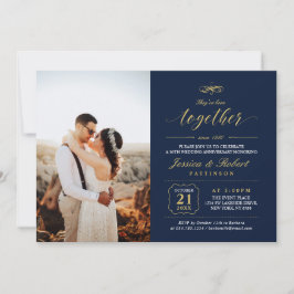 ゴールド＆ネイビーブルー エレガント フォト ウェディング アニバーサリー 招待状