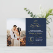 ゴールド＆ネイビーブルー エレガント フォト ウェディング アニバーサリー 招待状 (スタンド正面)