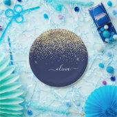 ゴールド ネイビーブルー ガーリー グリッター スパークル モノグラム ネーム ペーパープレート (パーティー)