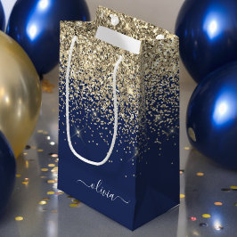 ゴールド ネイビーブルー グリッター スクリプト モノグラム ガーリー ネーム スモールペーパーバッグ