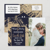 ゴールド ネイビーブルー グリッター ブラシストローク セーブ・ザ・デート 案内ポストカード (正面/裏面)