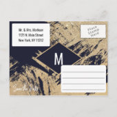 ゴールド ネイビーブルー グリッター ブラシストローク セーブ・ザ・デート 案内ポストカード (裏面)