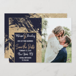ゴールド ネイビーブルー グリッター ブラシストローク Save the Date 招待状