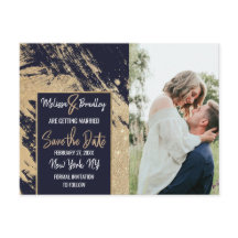 ゴールド ネイビーブルー グリッター ブラシストローク Save the Date