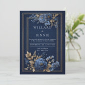 ゴールド ネイビーブルー テクスチャード フローラル ウィンター ウェディング 招待状 (スタンド正面)