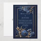 ゴールド ネイビーブルー テクスチャード フローラル ウィンター ウェディング 招待状 (正面/裏面)