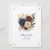 ゴールド、ネイビーブルー、バーガンディの花柄 ウェディング サンキューカード (正面)