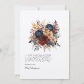 ゴールド、ネイビーブルー、バーガンディの花柄 ウェディング サンキューカード (裏面)