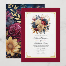 ゴールド、ネイビーブルー、バーガンディの花柄 ウェディング