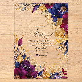 ゴールド、ネイビーブルー、バーガンディーの花嫁衣装の結婚式 アクリル招待状