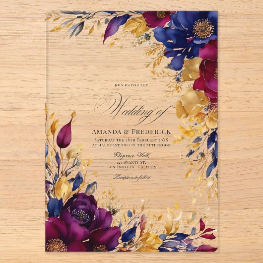ゴールド、ネイビーブルー、バーガンディーの花嫁衣装の結婚式 アクリル招待状 (正面)