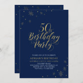 ゴールド＆ネイビーブルー | モダンでおしゃれな50歳の誕生日パーティー 招待状 (正面/裏面)