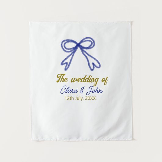 ゴールド ネイビーブルー リボン カップル名 結婚式 タペストリー (正面)