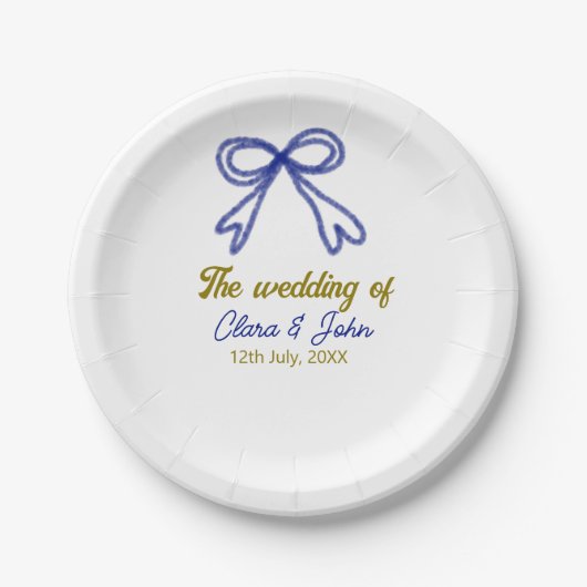 ゴールド ネイビーブルー リボン カップル名 結婚式 ペーパープレート (正面)