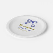 ゴールド ネイビーブルー リボン カップル名 結婚式 ペーパープレート (アングル)