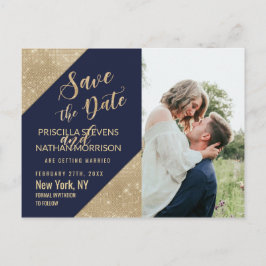 ゴールド ネイビーブルー 偽 グリッター シーケン セーブ・ザ・デート 案内ポストカード