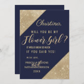 ゴールド ネイビーブルー 偽 グリッター シーケン フラワーガール 招待状 (正面/裏面)