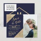 ゴールド ネイビーブルー 偽 グリッター シーケン Save the Date 案内ポストカード (正面/裏面)