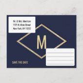 ゴールド ネイビーブルー 偽 グリッター シーケン Save the Date 案内ポストカード (裏面)