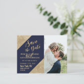 ゴールド ネイビーブルー 偽 グリッター シーケン Save the Date 案内ポストカード (スタンド正面)