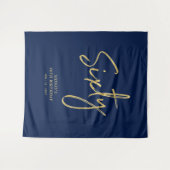 ゴールド＆ネイビーブルー 60歳の誕生日パーティー 背景 タペストリー (正面(横))