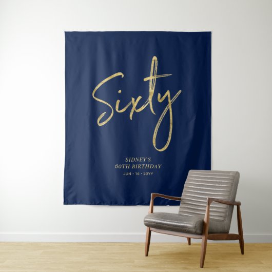 ゴールド&ネイビーブルー 60歳誕生日パーティー 背景 タペストリー (インサイチュ)