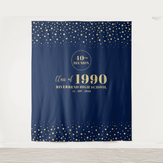 ゴールド＆ネイビー コンフェッティ クラス リユニオン パーティー バックドロップ タペストリー (正面)