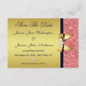 ゴールド ネイビー コーラル シークイン ダイヤモンド リボン セーブ・ザ・デート (裏面)