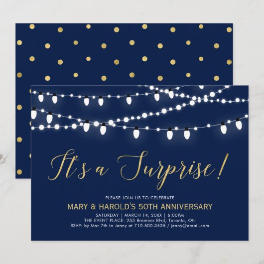 ゴールド＆ネイビー | サプライズ50周年結婚記念日 招待状 (正面/裏面)