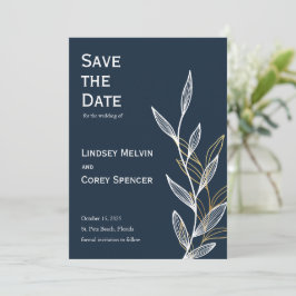 ゴールド ネイビー リーフ 結婚式 Save the Date 招待状