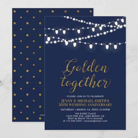 ゴールド & ネイビー | 現代的な50周年結婚記念日 招待状 (正面/裏面)