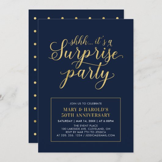 ゴールド＆ネイビー | 50周年のサプライズ結婚記念日 招待状 (正面/裏面)