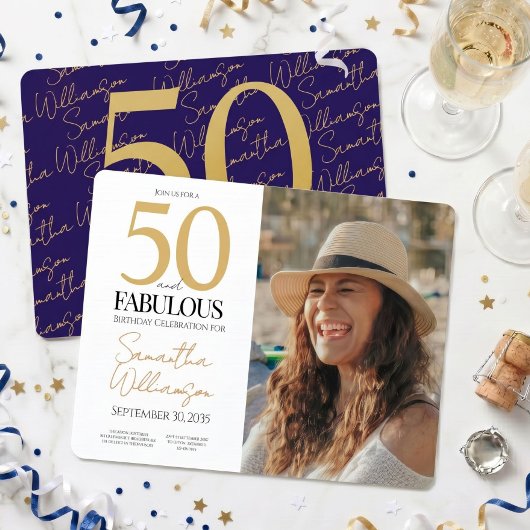 ゴールド&ネイビー | 50歳のお誕生日おめでとう エレガントで素敵なパーティー 招待状
