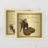 ゴールド ハイヒール シューズ 女性 レオパード 誕生日 招待状 (正面/裏面)