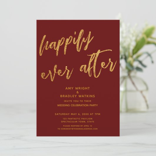 ゴールド ハッピーエバーアフター バーガンディー 結婚式の披露宴 招待状 (スタンド正面)