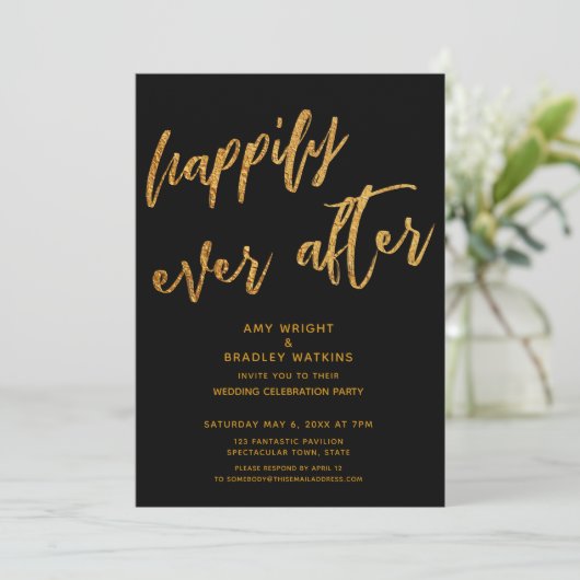 ゴールド ハッピーエバーアフター ブラック ウェディング レセプション 招待状 (スタンド正面)