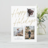 ゴールド ハッピー ホリデー スクリプト 3 フォト ホリデー カード (スタンド正面)