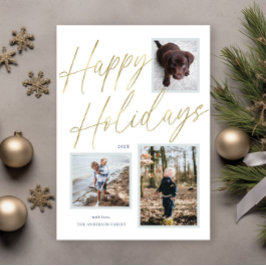 ゴールド ハッピー ホリデー スクリプト 3 フォト ホリデー カード