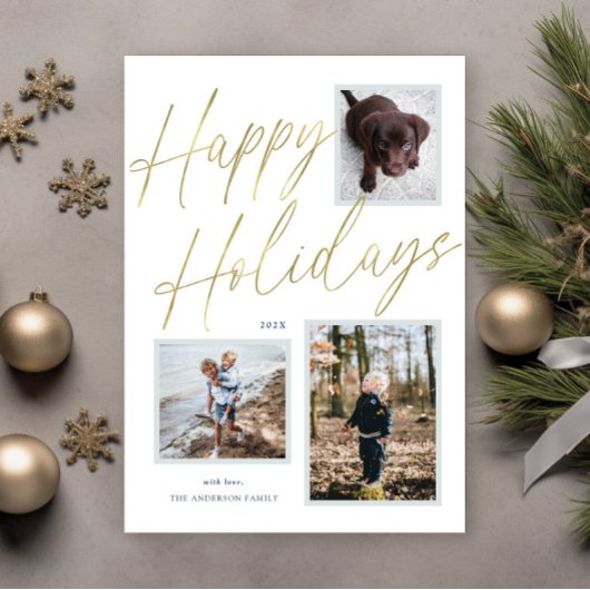 ゴールド ハッピー ホリデー スクリプト 3 フォト ホリデー カード