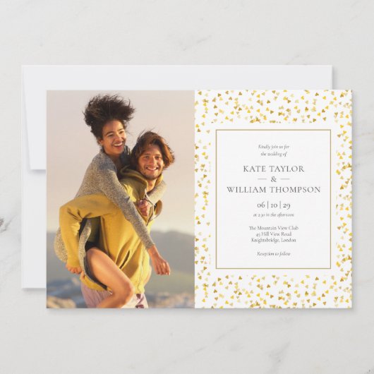 ゴールド ハーツ コンフェッティ フォト ウェディング 招待状 (正面)