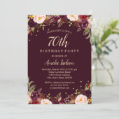 ゴールド バーガンディ エレガント フラワー 70歳の誕生日パーティー 招待状 (スタンド正面)