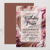 ゴールド バーガンディ ピンク マーブル フルイド バースデーパーティー 招待状 (正面/裏面)