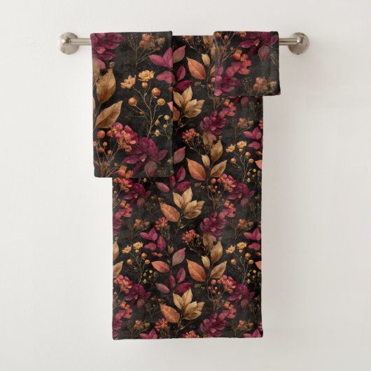 ゴールド バーガンディ ブラック 水彩 ボタニカル フラワーズ バスタオルセット (インサイチュ)