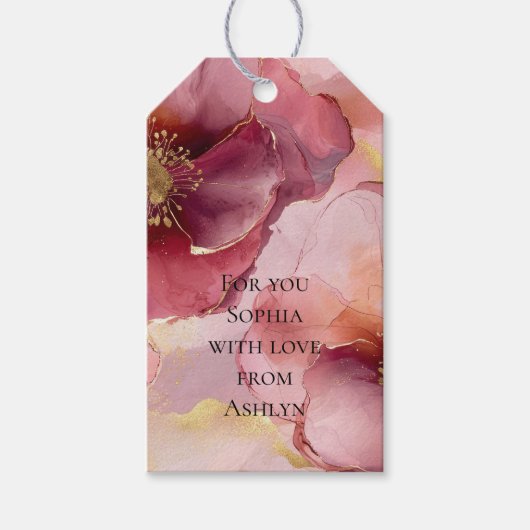 ゴールド バーガンディ ブラッシュ ピンク フラワーベビーシャワー ギフトタグ (正面)