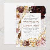 ゴールド バーガンディ ブラッシュ ピンク フラワー ウェディング 招待状 (正面/裏面)