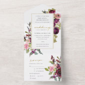 ゴールド バーガンディ ブラッシュ ローズ フローラル ウォーターカラー ウェディング オールインワン招待状 (内側)