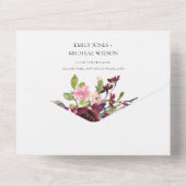 ゴールド バーガンディ ブラッシュ ローズ フローラル ウォーターカラー ウェディング オールインワン招待状 (裏面)