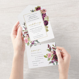 ゴールド バーガンディ ブラッシュ ローズ フローラル ウォーターカラー ウェディング オールインワン招待状