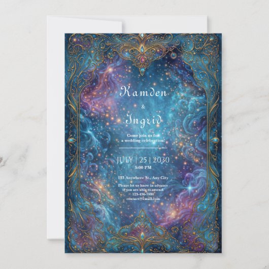 ゴールド+パープル星雲の豪華な結婚式 招待状 (正面)