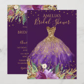 ゴールド パープル アメジスト ドレス ブライダルシャワー 招待状 (正面/裏面)